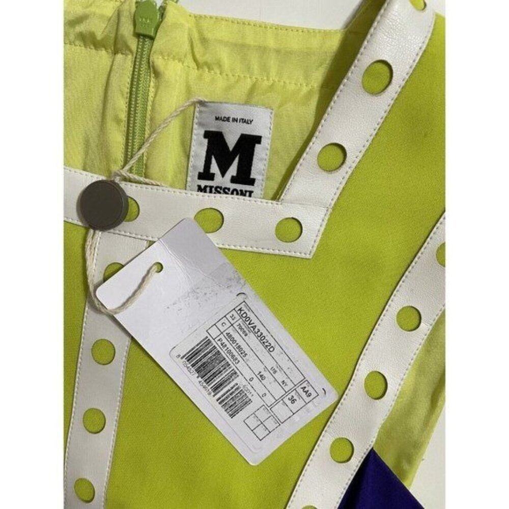 M Missoni Mini Skater Dress Neon Yellow Purple Leather Trim 36 IT 2 US NWT - Picture 12 of 12